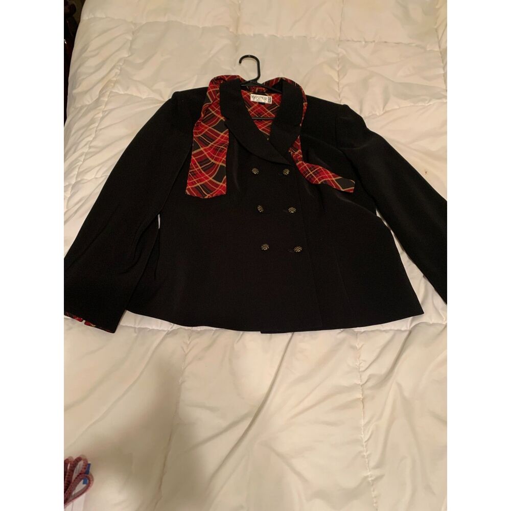 Kasper ASL: Black Double‑Breasted Blazer Size 14 – Plaid Scarf , Gold Buttons